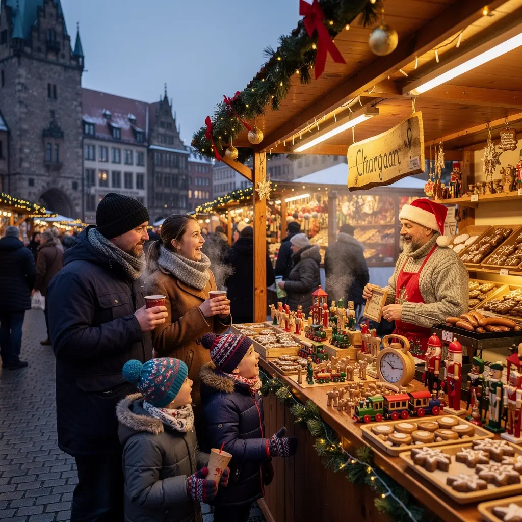 Ein lebhafter Markt in Deutschland mit bunten Ständen und frischen Lebensmitteln.
